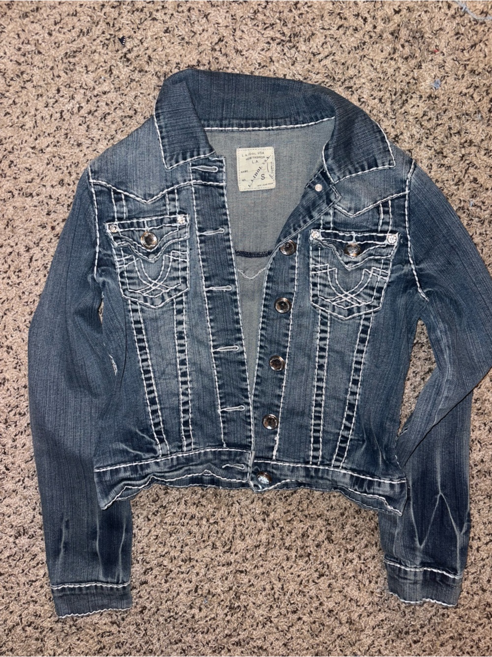 LA IDOL Women’s Denim Jacket — Dark Blue Off-Shoulder Style y2k
